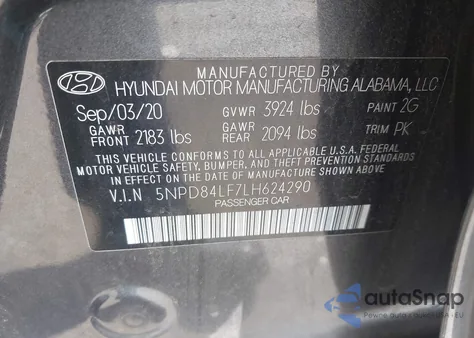 2020 Hyundai Elantra Sel z USA, uszkodzony, nr VIN 5NPD84LF7LH624290